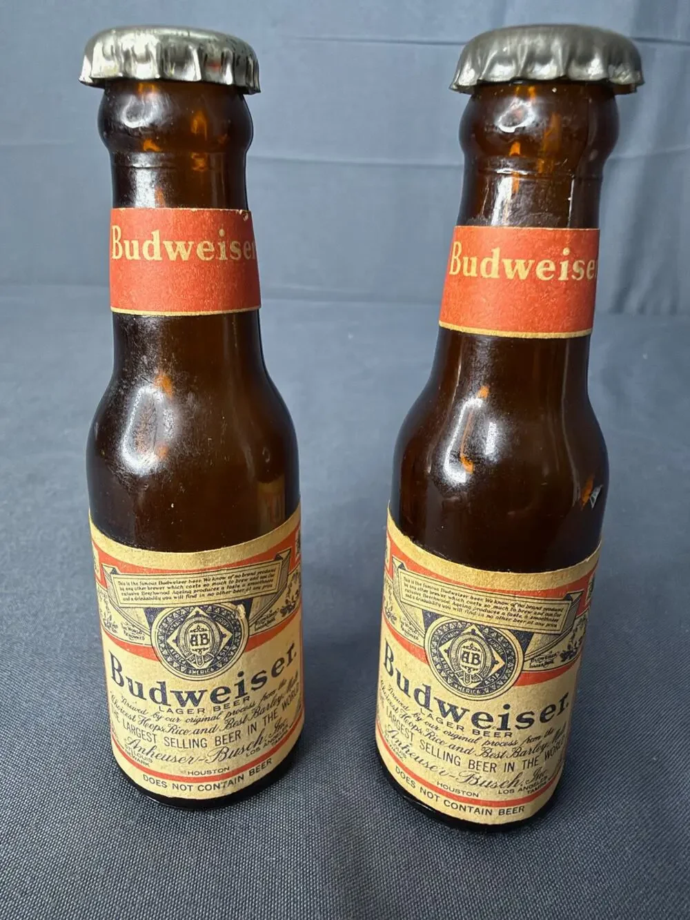 Vintage Budweiser Salt & Pepper Shaker Miniature Glass Bottles